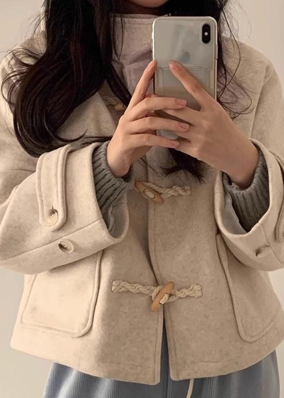 Horn Button Woolen Hooded Coat With Large Pockets