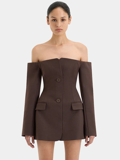 Off-shoulder Strapless Blazer Dress for Zipper Two Pocket Long Sleeve Backless Mini Dress