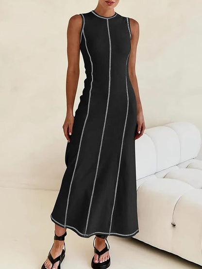 A-line Sleeveless Split-joint Striped Round-neck Maxi Dresses