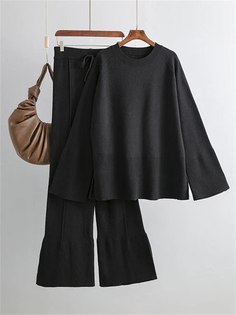 Losse Two Piece Sets Knitwear Oversized Sweater and Flared Pants Sets Knit Tracksuit Sweater Outfits