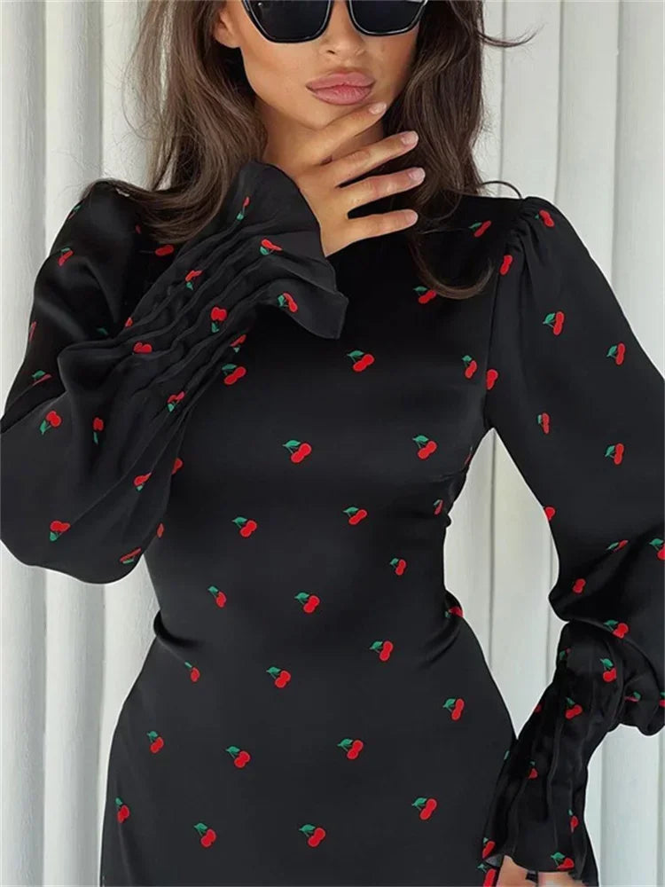Printed Bandage Long Dress Satin High Street Party Dress Long Sleeve Patchwork Maxi Dress