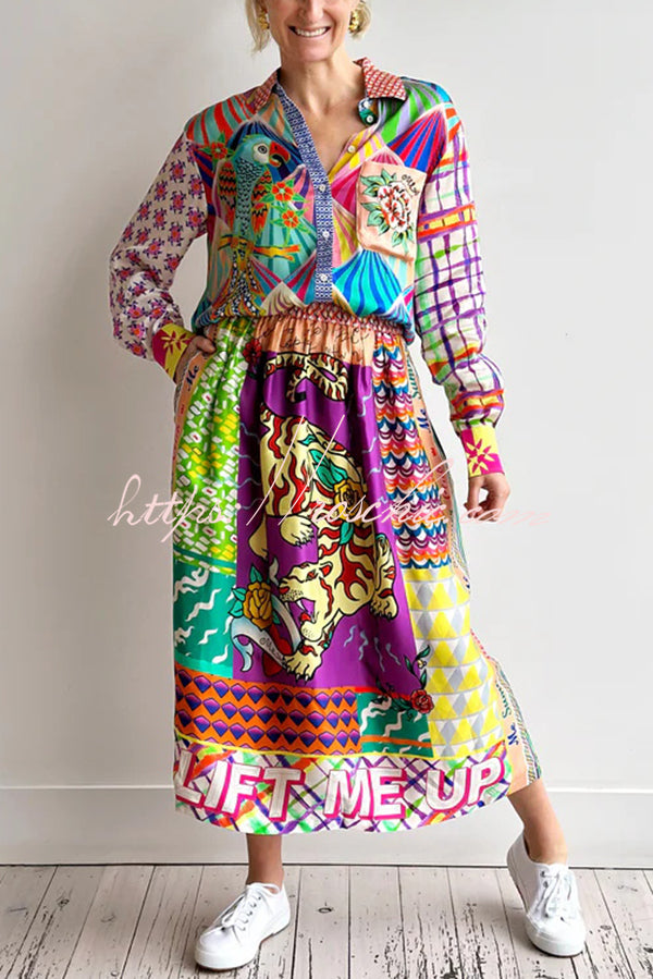 Satin Colorful Unique Print Elastic Waist Pocket Vacation Midi Skirt