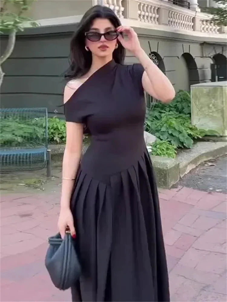 Black Off-shoulder Autumn Long Dress for High Waist Patchwork Slim One-shoulder Party Dress Female Maxi Dress