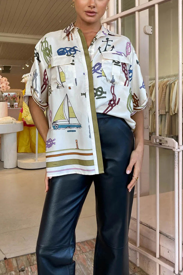 Sail Away Satin Unique Nautical Motifs Print Button Down Pocket Oversized Blouse