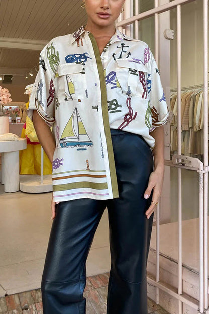 Sail Away Satin Unique Nautical Motifs Print Button Down Pocket Oversized Blouse