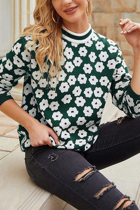 Mock Neck Print Knitted Sweater Color Block Light Weight Sweater