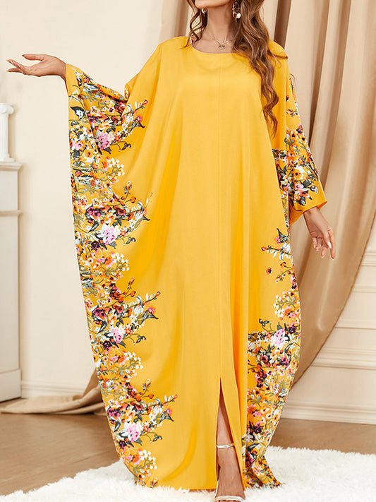 Batwing Sleeves Loose Muslim Printed Split-front Round-neck Maxi Dresses