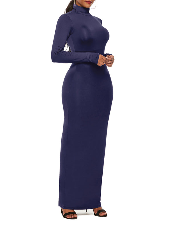 Bodycon Long Sleeves Color High Neck Maxi Dresses
