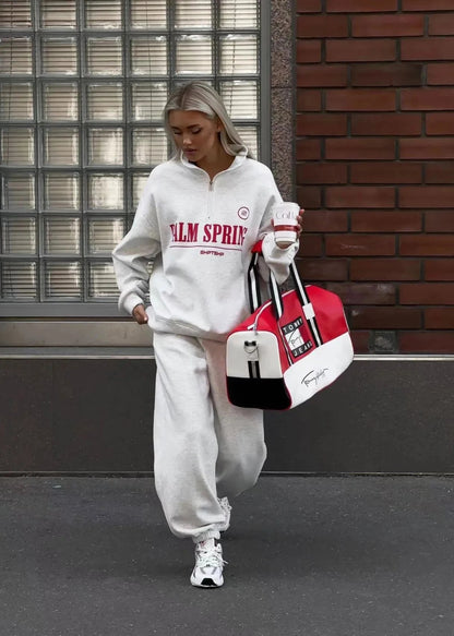 Palm Springs Vibe - Letter Print Zip-up Sweater Set