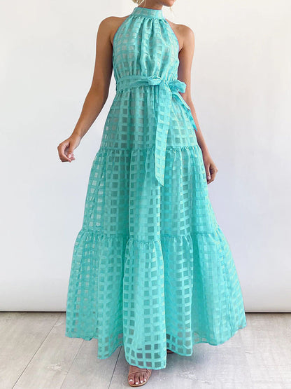 Loose Sleeveless Plaid Ribbed Stand Collar Maxi Dresses