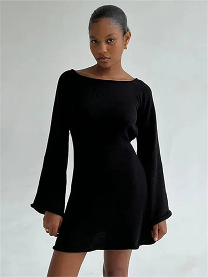 Backless Knitwear Lace-up Mini Dress Female Long Sleeve Loose Holiday Beach High Waist Dress Knit Dress