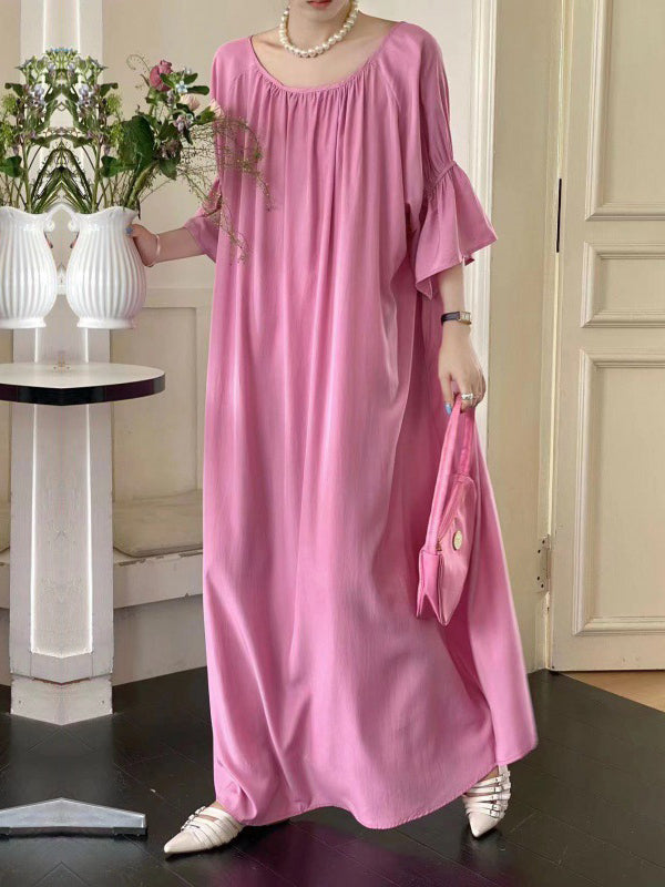 Half Sleeves Loose Color Round-neck Midi Dresses