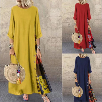 Cotton Linen Long Dresses Three Quarter Sleeves Splicing Print Loose A-line Dress Lady Maxi Vestido