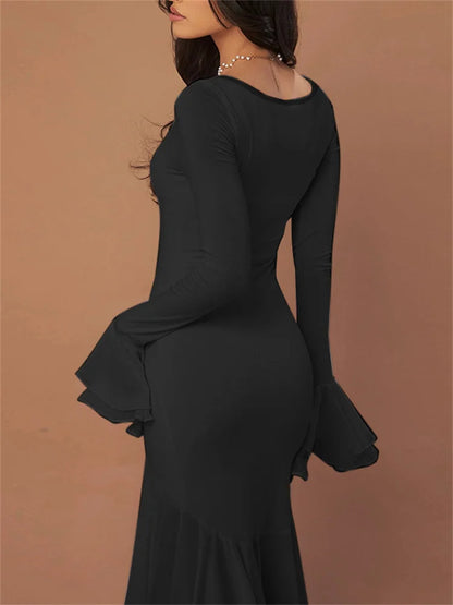 Ruffled Square Collar Maxi Dress for Bandage Slim See-through High Waist Party Dress Gown ’s Long Dress