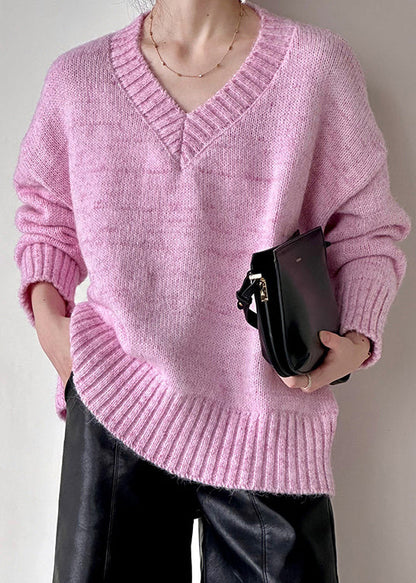 Loose Pink V Neck Hollow Out Cotton Knit Sweater Fall Af1091
