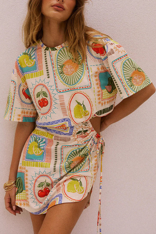 Summer Fruit Print Short Sleeve Off-waist Tie Mini Dress