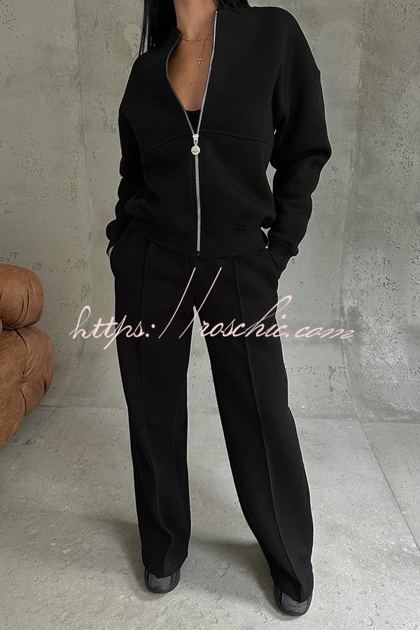 Color Long Sleeve Zipper Jacket and Elastic Waist Pocket Wide Leg Pants Set
