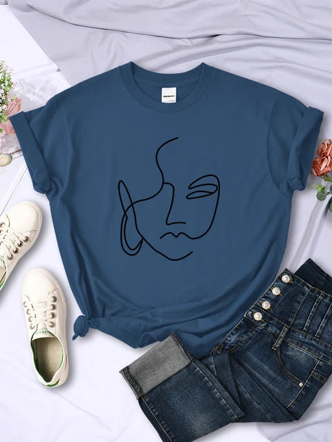 Abstract Simple Stroke Face Prints T-shirts Hip Hop Breathable Short Sleeve Soft Street Tops Female Tee Clothing