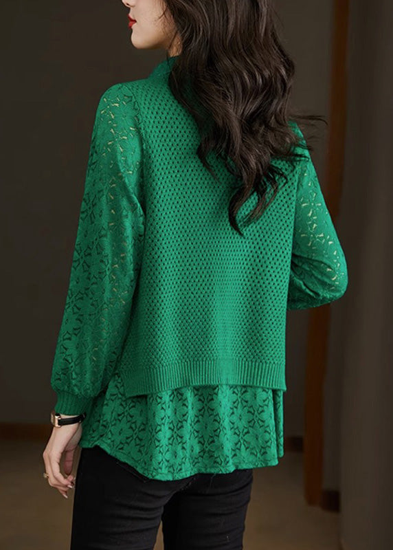 Style Green Peter Pan Collar Fake Two Pieces Lace Patchwork Knit Sweater Fall Wd026