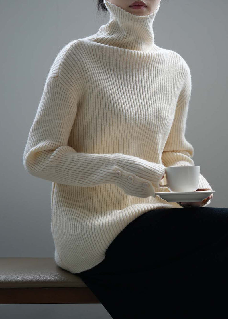 Boutique Camel Hign Neck Button Thick Knit Sweaters Fall Af1067