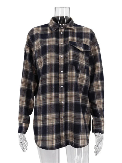 Lapel Autumn Shirts Outwear Contrast Long Sleeve Patchwork Coat Cardigan Female Shirts