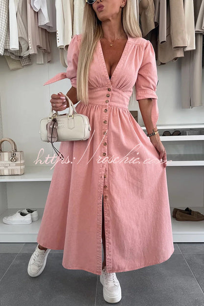 Color V-neck Button-down Denim Midi Dress