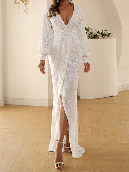Sequined Color Split-front Tied Waist Bodycon Long Sleeves V-neck Maxi Dresses