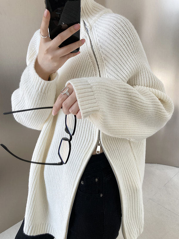 Urban Grey Halter-neck Split-side Zip-up Long Sleeve Sweater An1033