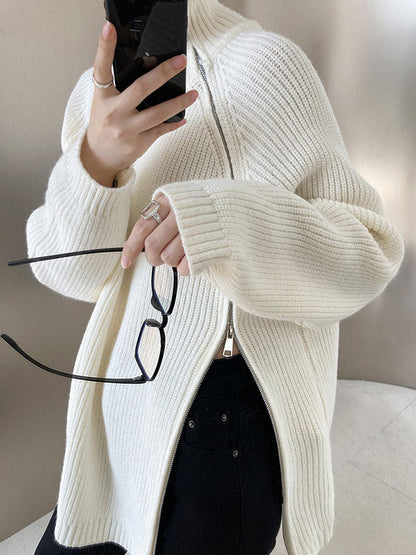 Urban Grey Halter-neck Split-side Zip-up Long Sleeve Sweater An1033