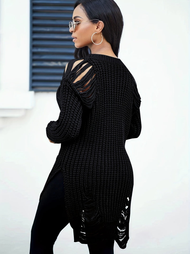 Crew Neck Ripped Split Pullover Sweater Fh9741
