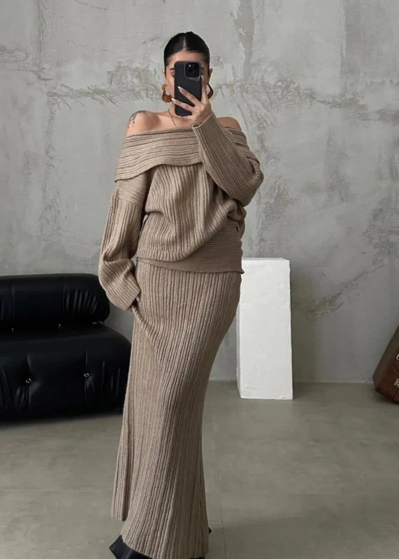 Luxe Comfort - Off-shoulder Knit Two-piece Set