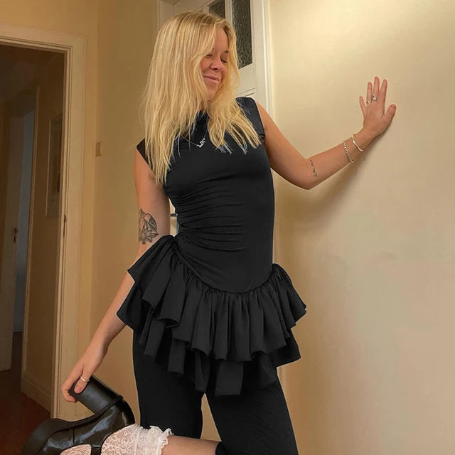 Ruffles Splice Vest Mini Dress for Sleeveless Slim Fit Color Hot Girl Club Party Dress Female