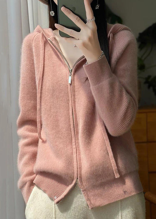 Pink Hooded Zip Up Wool Knit Coat Fall Qx034