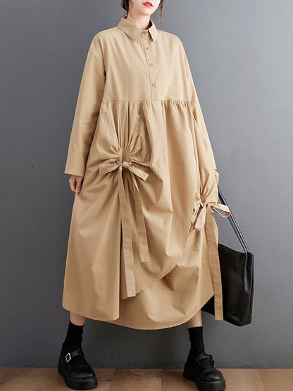 A-line Long Sleeves Buttoned Pleated Pockets Color Tied Lapel Midi Dresses Shirt Dress