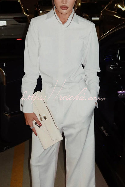 Style Long Sleeve Open Back Blouse and Pocketed Straight Leg Loose Pants Set