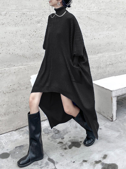 Batwing Sleeves High-low Pockets Color High-neck Midi Dresses Sweater Dresses
