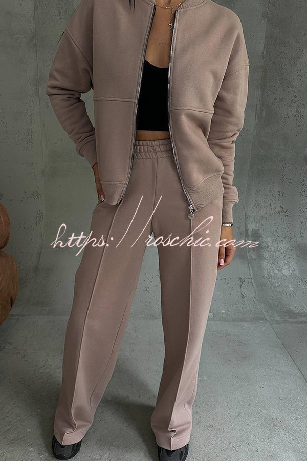 Color Long Sleeve Zipper Jacket and Elastic Waist Pocket Wide Leg Pants Set