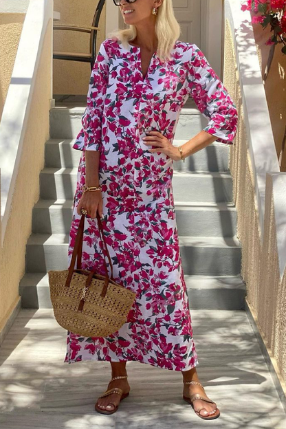 Mid-length Sleeve V-neck Slit Long Dress