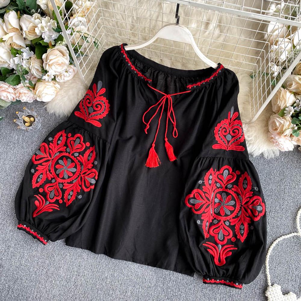 Retro White V-neck Lace-up Tassel Embroidered Lantern Sleeve Blouse