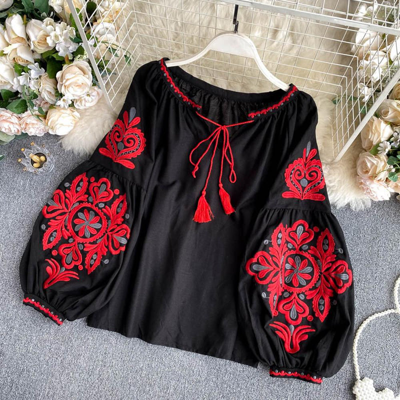Retro White V-neck Lace-up Tassel Embroidered Lantern Sleeve Blouse