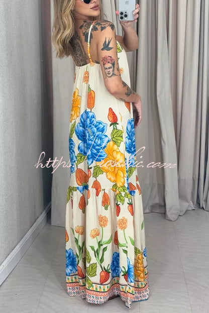 Print Halter Back Loose Pocket Full Hem Maxi Dress