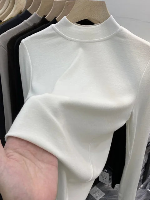 Basic Pure Cotton White T-shirt for Slim Top ’s Half Turtleneck Long Sleeve T-shirts