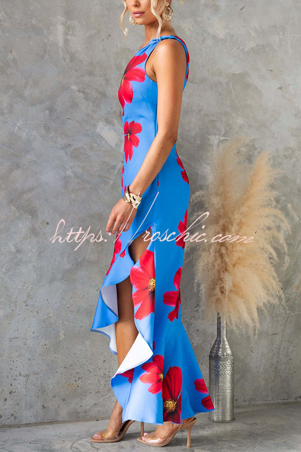 Muse Print One Shoulder Irregular Ruffles Slit Maxi Dress