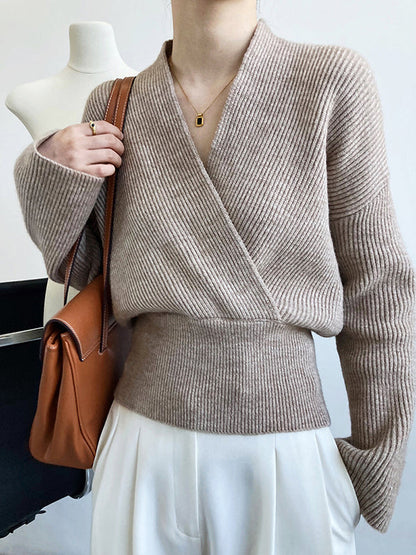 French Grey Cross V-neck Long Sleeve Sweater Qx012