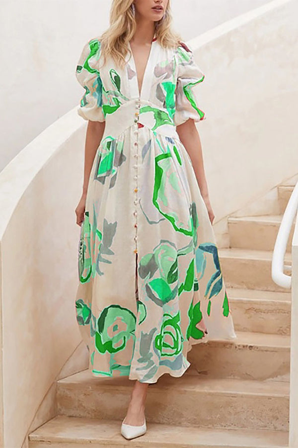 Lover's Gaze Watercolor Printed Puff Sleeve Button Maxi Dress