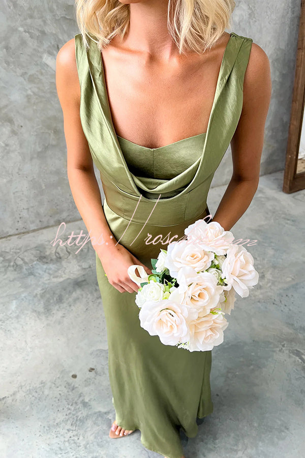 Muse Satin Color Cowl Neck Back Tie-up Maxi Dress