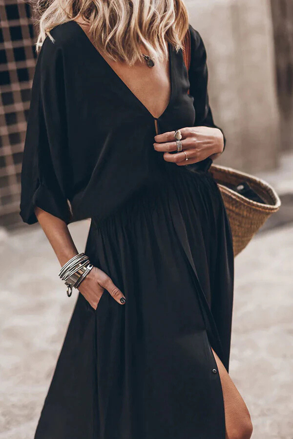 Soft and Kimono Sleeve Stretchy Waist Pocketed Slit Maxi Dress
