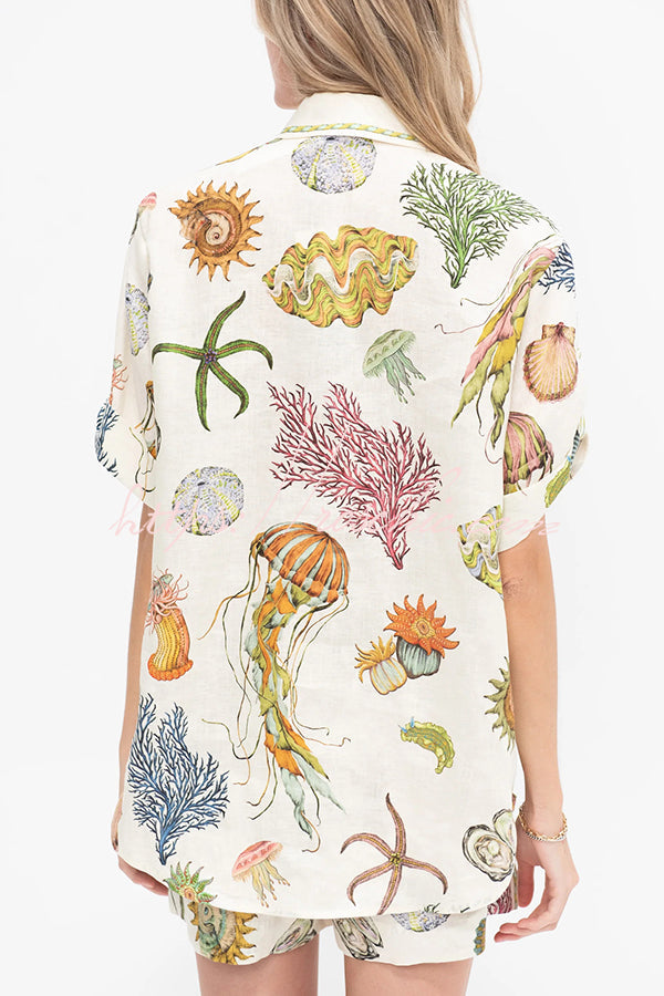 Beach Shell Print Short Sleeve Loose Shirt and Elastic Waist Tie Pocket Shorts Set