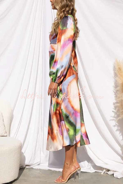 Own the Evening Satin Neon Print Cutout Midi Dress