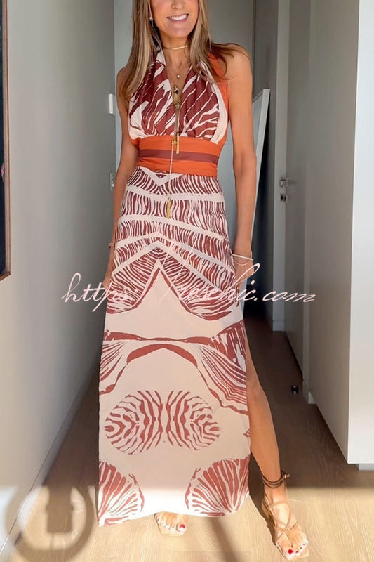 Vacay Bound Linen Blend Unique Botanical Print Halter Maxi Dress